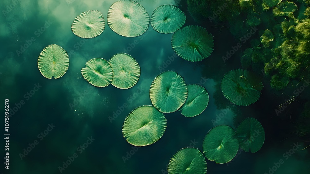 Fototapete bird s-eye view of a lake with floating lily pads arranged in symmetrical patterns, adding vibrant g