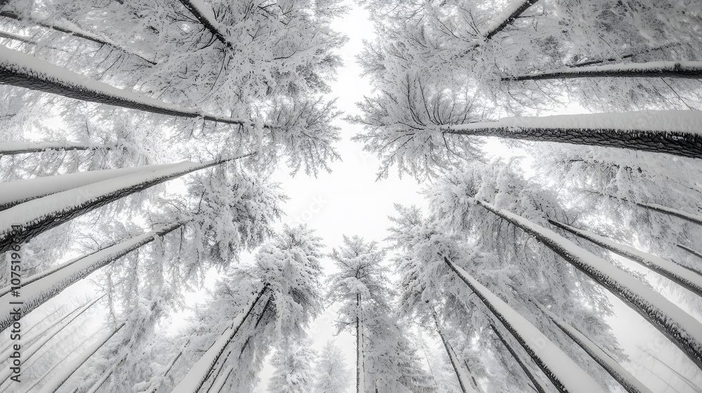 Poster High perspective of a dense forest blanketed in snow, with symmetrical clusters of trees creating a serene winter pattern. No text, no logo, wide angle shot, cinematic scene, 4k resolution