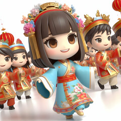 3D Candid Street Performers Traditional Costumes Chinese New Year Parade Cultural Heritage Festivity Vibrant Icon Cute Chibi Isolated White Background Copy Space Left Branding