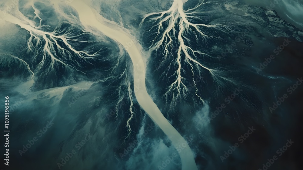Poster bird s-eye view of a river delta branching symmetrically, with channels weaving through marshy land 