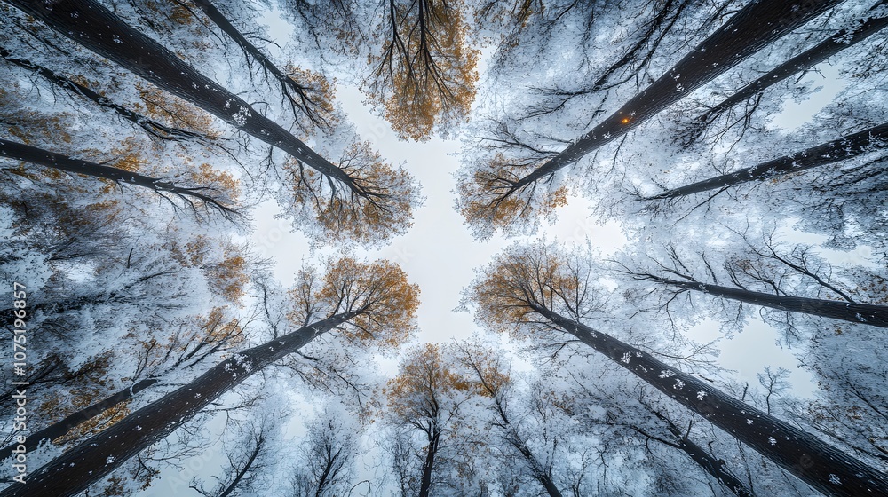 Aufkleber high perspective shot of a snowy forest with trees lining a winding path, creating a symmetrical win