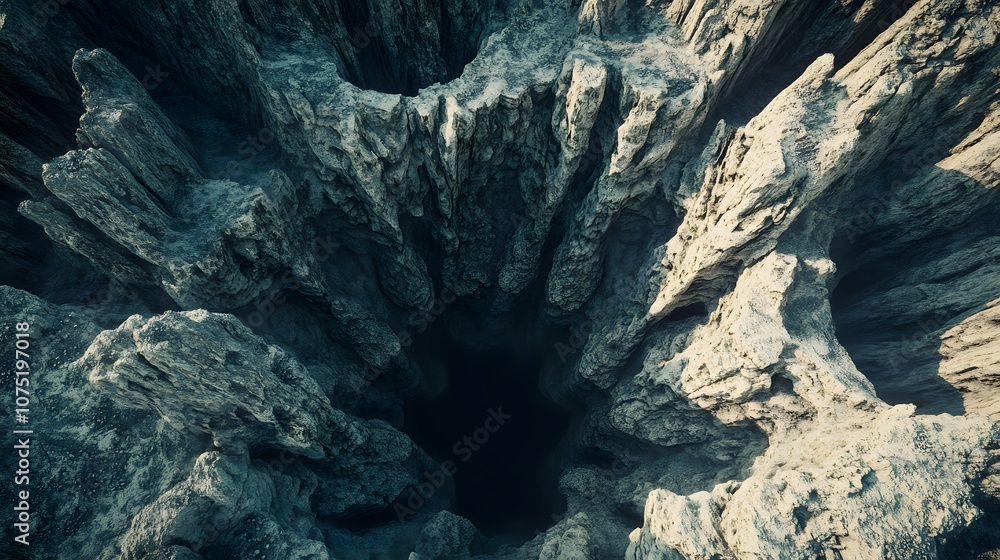 Aufkleber Aerial view of a canyon with jagged rock formations creating a symmetrical pattern of shadows and light, enhancing the natural textures. No text, no logo, wide angle shot, cinematic scene, 4k