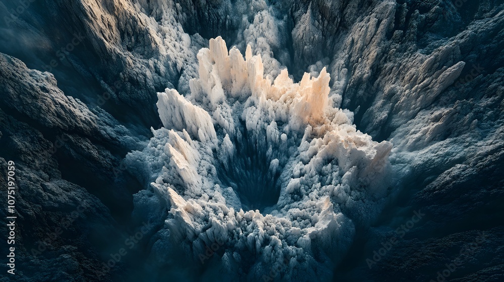 Fototapete aerial view of a canyon with jagged rock formations creating a symmetrical pattern of shadows and li