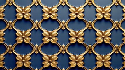Ornate Floral Gold and Blue Pattern with Luxurious Details Ideal for Backgrounds, Textiles, or Decorative Designs in Elegant Interiors
