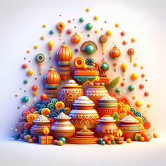 Obraz premium 3D Pongal Bokeh Celebration Digital Art with Festive Pot and Kolam Elements for Vibrant Magazine Advertisement Background Copy Space Icon Isolated on White