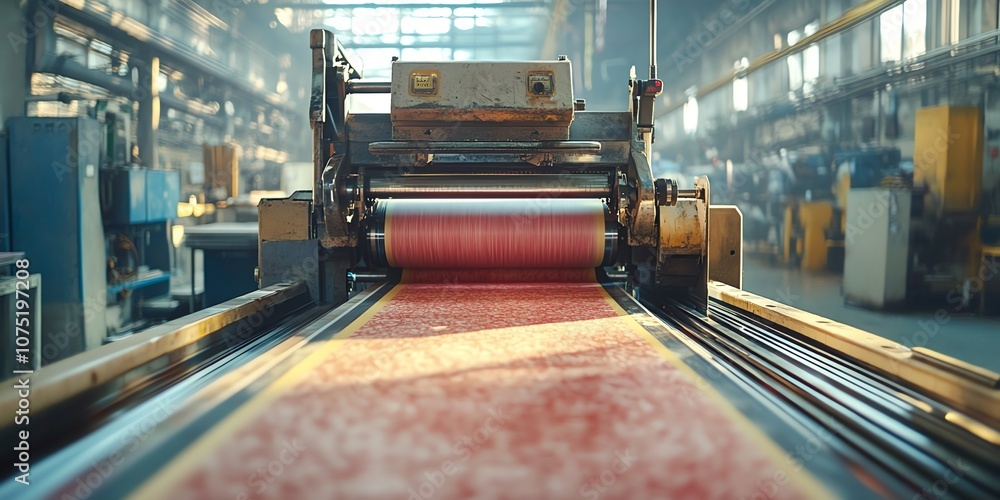 Poster Close-up view of a printing press in a factory. The machine is in operation and printing on a long sheet of paper.