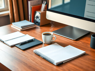 Working place with computer, notepad and coffee cup on wooden table