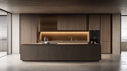 Modern Kitchen Interior with Minimalist Design Featuring Wooden Cabinets and Elegant Lighting in a Spacious Open Layout with a Scenic View