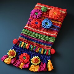 Colorful crocheted scarf with flowers and tassels