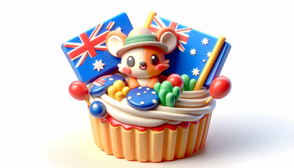 Naklejka premium 3D Macro Close Up of Australian Themed Cake Decoration with Vibrant Colors, Intricate Details, Australian Symbols, Celebration Symbolizing National Pride, Ample Copy Space, Isolated on White Backgroun
