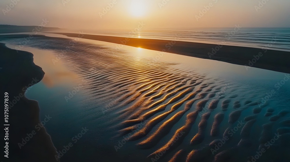 Poster aerial shot of symmetrical sand ripples on a beach at low tide, creating natural patterns and textur