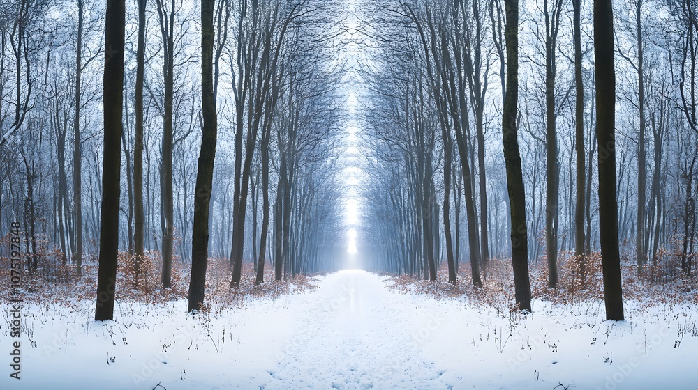 Poster high perspective of a winter forest with snow-covered paths forming symmetrical lines through the de