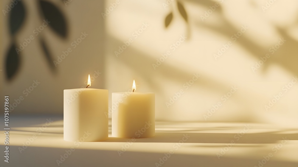 Poster a minimalistic arrangement of three white candles on a beige surface with soft shadows cast, creatin