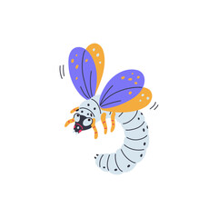 Cartoon white caterpillar with wings vector icon, worm turns into a butterfly doodle style drawn, insect wildlife fauna