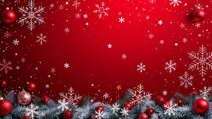 A poster or banner for christmas with christmas background with branches and balls on red background