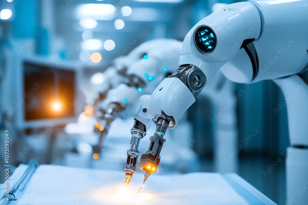 Poster Closeup of a robotic arm working in a medical setting with a glowing light at the end of its tool.