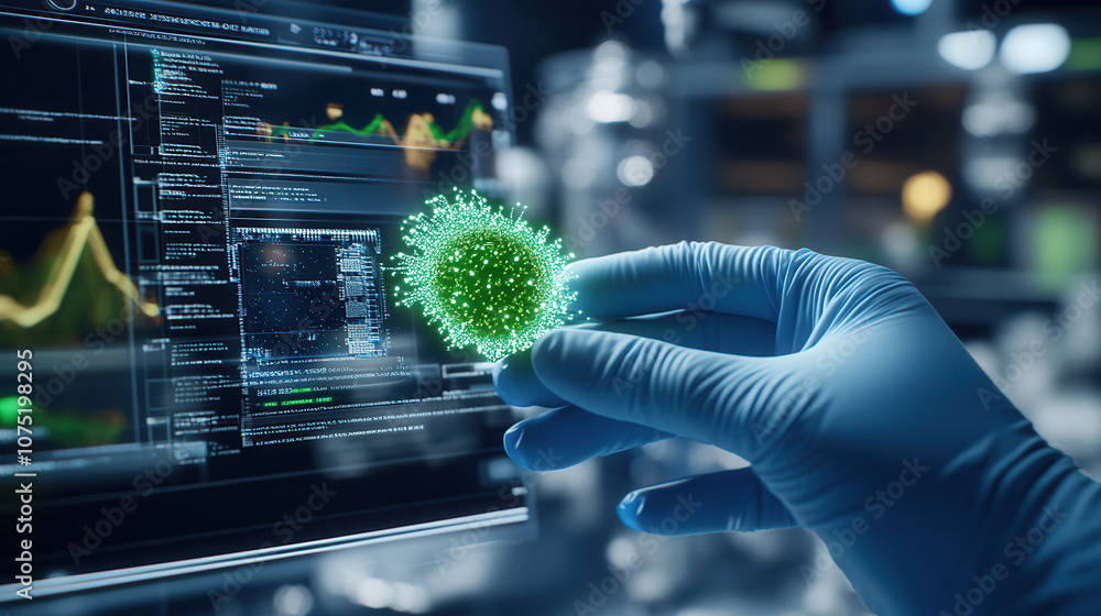 Poster gloved hand holds glowing green virus model in lab, showcasing advanced technology and research. bac