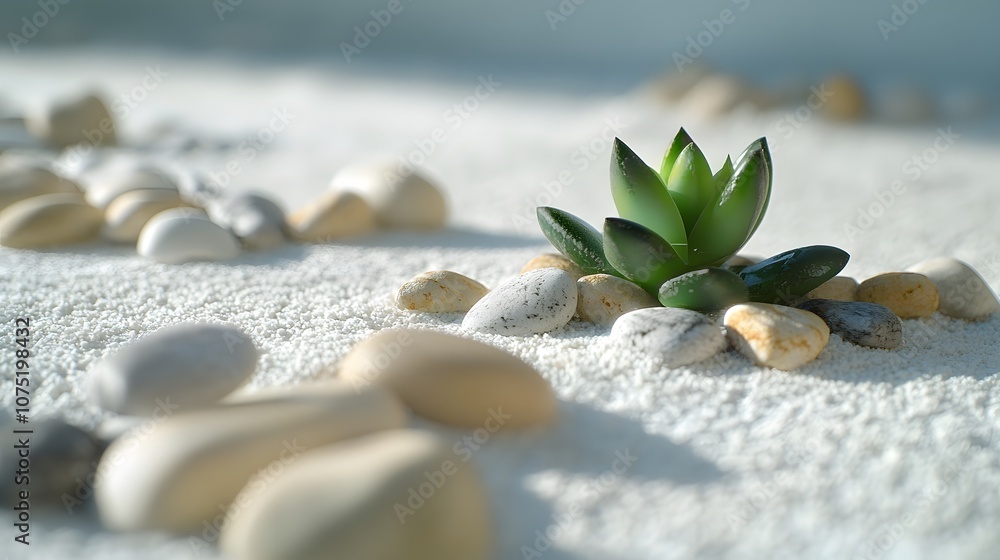 Poster a simple white surface with an arrangement of small pebbles and a single green succulent, capturing 