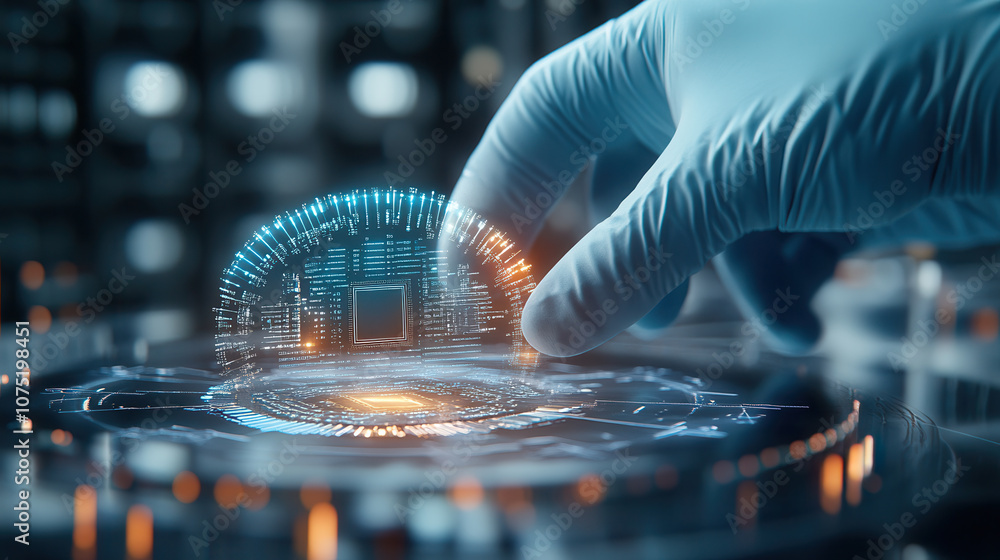 Poster gloved hand holds microchip in high tech lab, showcasing advanced technology and precision. scene co