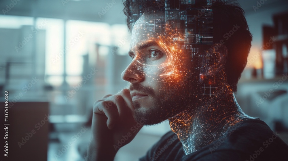 Poster A man with a face made of computer code is looking at the camera