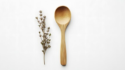 A flat-lay composition of a wooden spoon and a single dried herb sprig on a clean white background, emphasizing texture and simplicity. No text, no logo, wide angle shot, cinematic scene, 4k