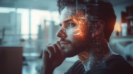 A man with a face made of computer code is looking at the camera