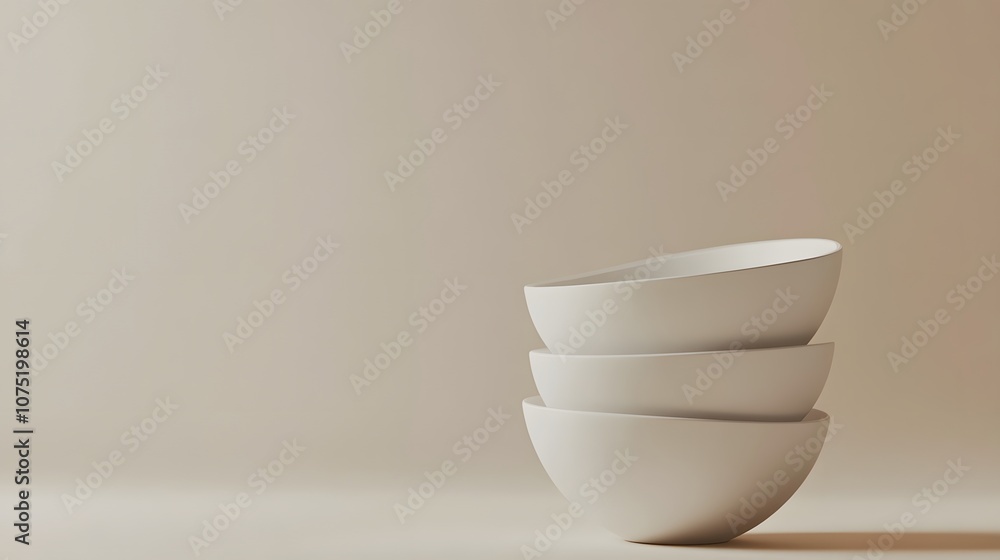 Poster a neutral background with a set of stacked white ceramic bowls, capturing the elegance of simple for