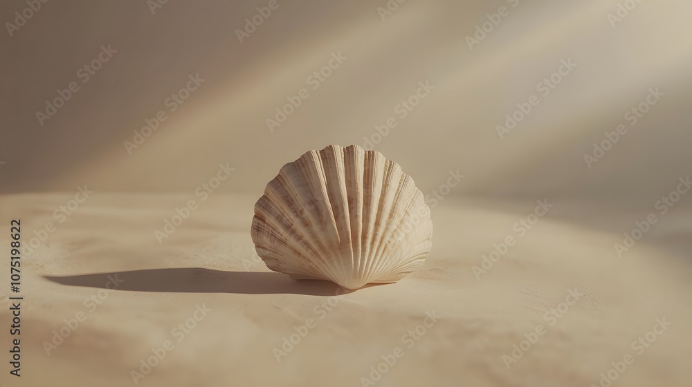 Poster a single seashell placed on a soft beige background, with natural light highlighting its subtle deta