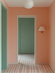 Home hallway with 2 opened doors, playful, crazy, bright rich color, texture contrast, plaid, brown and green, color contrast.
