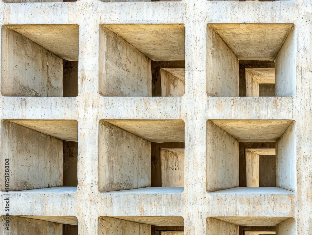 Poster a textured concrete wall featuring a grid of recessed square shapes, creating a modern architectural