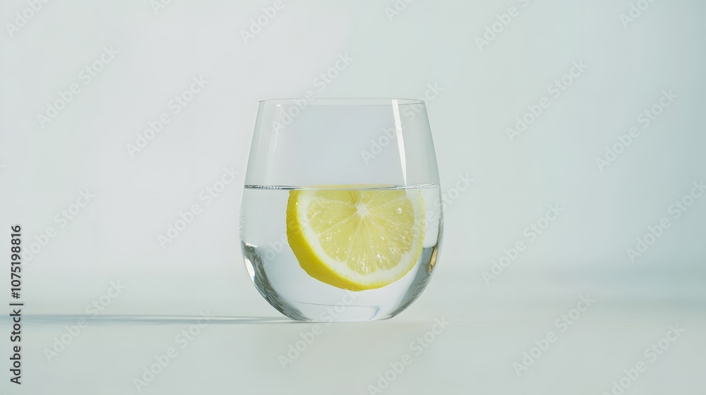 Poster a glass of water with a single lemon slice on a pristine white background, capturing a refreshing, s
