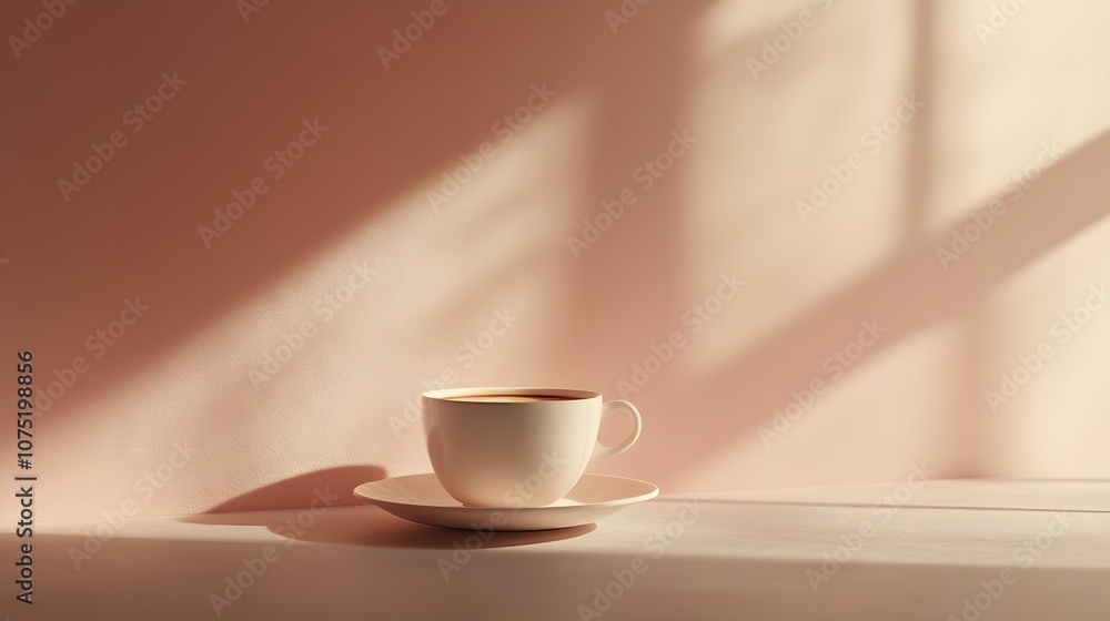 Poster A soft background with a single coffee cup and saucer placed on a neutral surface, capturing a calm and minimalist feel. No text, no logo, wide angle shot, cinematic scene, 4k resolution