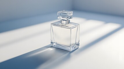 A smooth white surface with an elegant perfume bottle, casting a delicate shadow in a minimalist product photography style. No text, no logo, wide angle shot, cinematic scene, 4k resolution