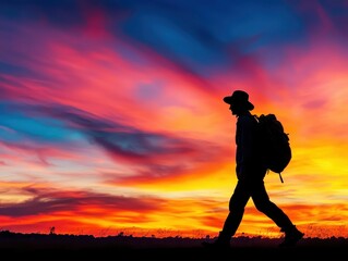 A silhouette of a hiker against a vibrant, colorful sunset, embodying adventure and the beauty of nature.