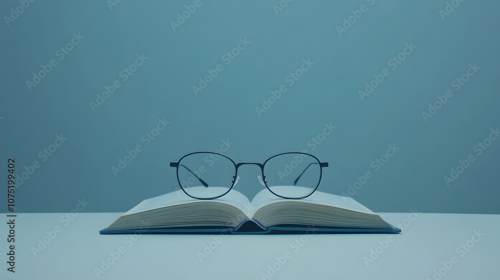 Aufkleber A plain surface with an open book and a pair of reading glasses carefully placed, capturing the charm of quiet minimalism. No text, no logo, wide angle shot, cinematic scene, 4k resolution