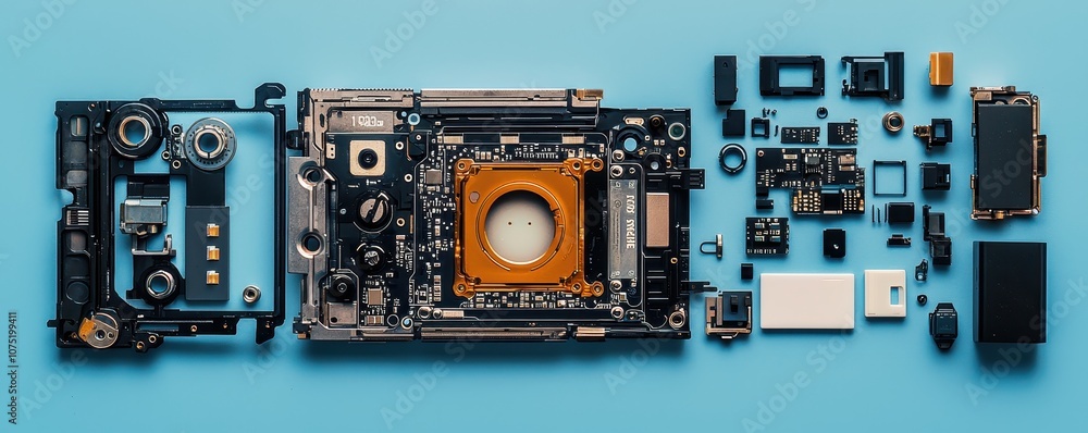 Poster an intricate assembly of electronic components arranged neatly, showcasing the inner workings of a d