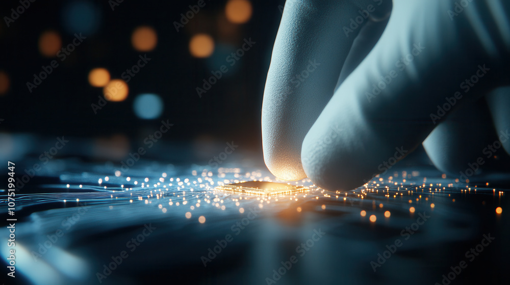 Poster close up of gloved hand inspecting microchip with glowing circuits, showcasing technology and precis