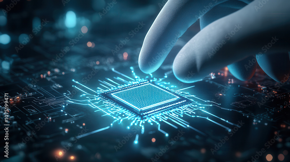 Poster close up of gloved hand inspecting microchip on circuit board, showcasing intricate details and glow