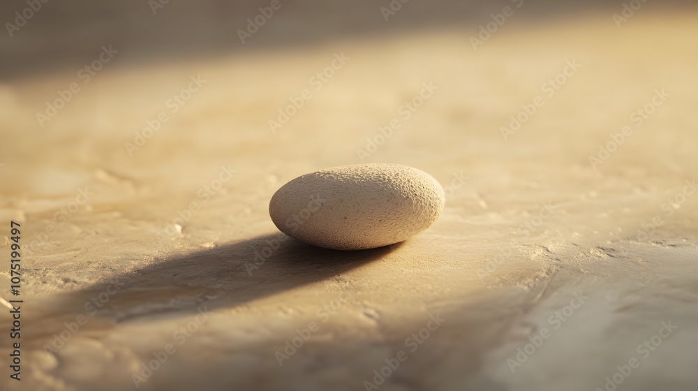 Poster a clean beige background with a small stone placed in the center, focusing on natural simplicity and