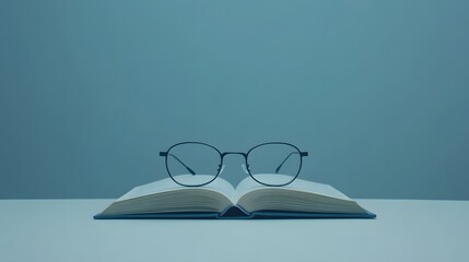 A plain surface with an open book and a pair of reading glasses carefully placed, capturing the charm of quiet minimalism. No text, no logo, wide angle shot, cinematic scene, 4k resolution