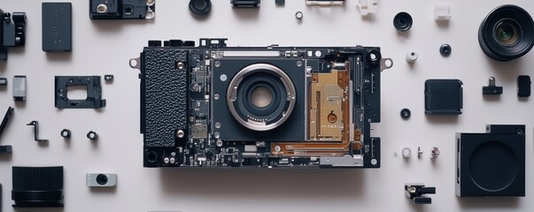 A disassembled camera on a surface, showcasing various components and parts arranged meticulously around the main body.