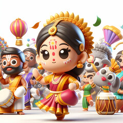 Fototapeta premium 3D Pongal Cultural Performances Icon | Traditional Artists Showcase Bharatanatyam Karagattam Heritage Festivities | Lively Environment with Copy Space White Background