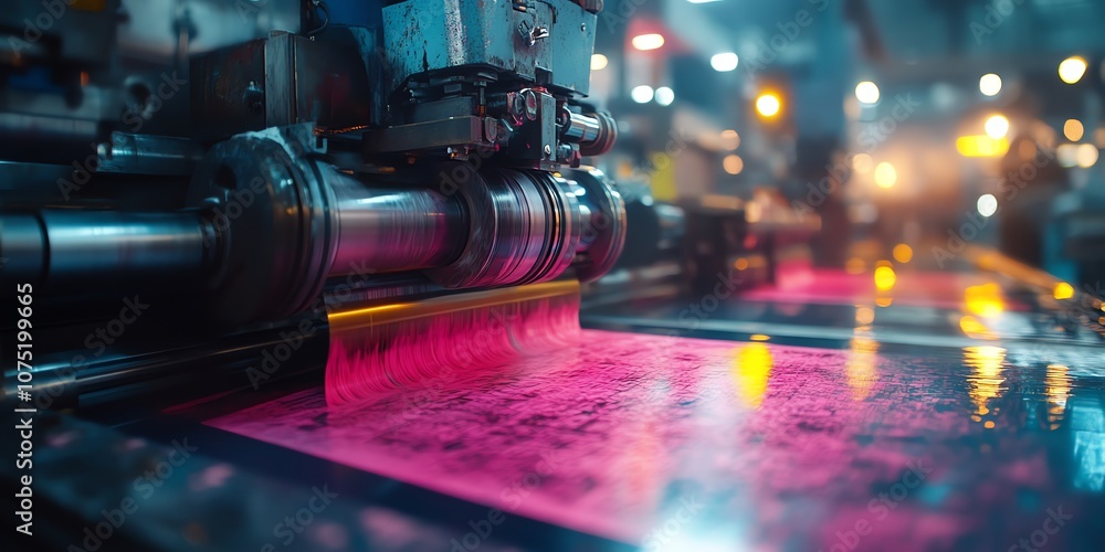Poster closeup of printing rollers in a factory, with pink paper in the background.