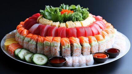 Colorful Sushi Platter with Assorted Fresh Seafood and Vegetables, Displaying Vibrant Colors and Delicious Presentation for Culinary Enthusiasts