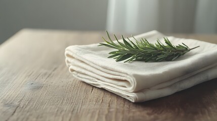 A plain background with a folded linen napkin and a sprig of rosemary, creating a clean and elegant composition. No text, no logo, wide angle shot, cinematic scene, 4k resolution