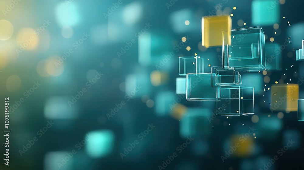 Poster abstract high tech background with floating geometric shapes in blue and yellow hues, creating sense