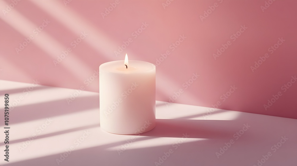 Poster a single white candle placed on a pale pink surface, casting a delicate shadow to create a soft mini