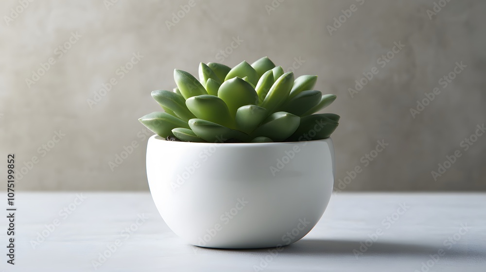 Poster a small green succulent in a white pot, placed on a light gray surface, adding a touch of greenery t