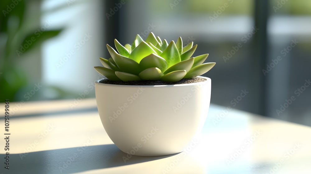 Poster a small green succulent in a white pot, placed on a light gray surface, adding a touch of greenery t
