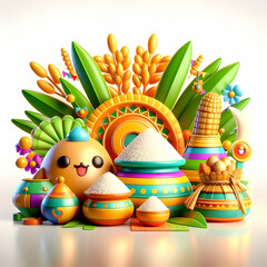 3D Glossy Pongal Harvest Scene Concept with Vibrant Rice Sugarcane Traditional Pots Abundance Joy Copy Space Icon Isolated White Background - Celebrate Festive Pongal Traditions with Glossy Design